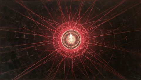 Pulsing Reactor Core Emitting Crimson Filaments in Orbital Void with Concentric Rings