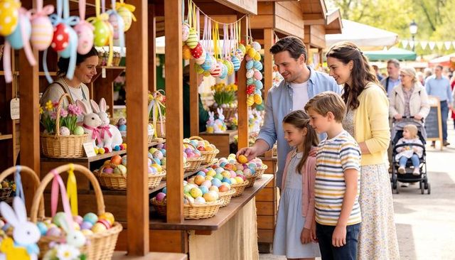 Family browsing colorful Easter eggs at outdoor spring market stall with decorated baskets