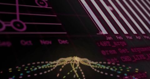 Glowing data node network forming dotted wing trails over neon analytics dashboard ui