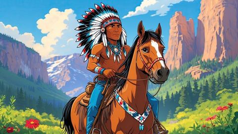 Native american chief riding strong horse in vibrant midday landscape