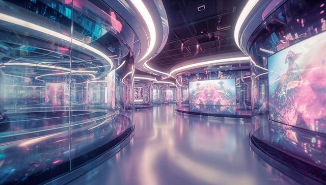 Futuristic exhibition hall with led-lit walkways and glass displays