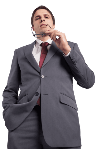 Confident Businessman in Gray Suit with Glasses on Transparent Background