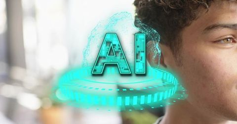 Gazing young man wearing dark crewneck with teal holographic ai projection, headshot