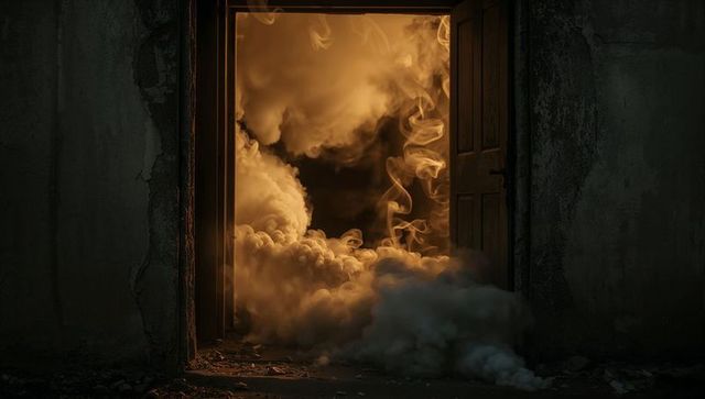 Open door emitting mysterious swirling golden smoke