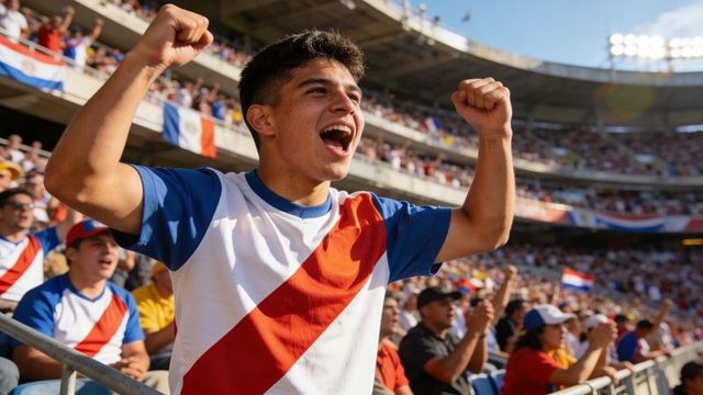 Young fan cheering in packed stadium wearing red sash jersey raising fists