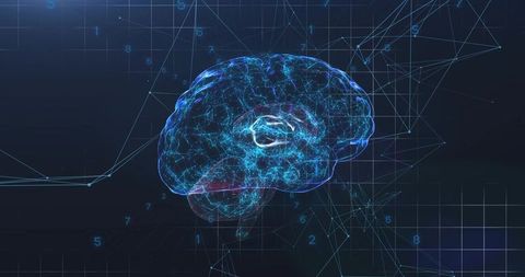 Floating digital brain hologram pulsing with glowing neural network and data mesh overlay