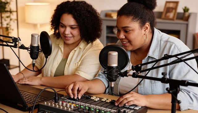 Co-hosting podcast recording operating audio mixer and laptop in warm home studio