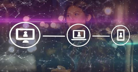 Urban business woman using smartphone with connected device icons and holographic network