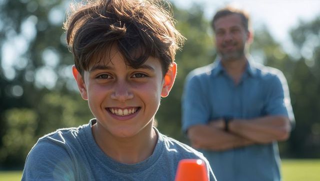 Smiling preteen boy holding orange cone in sunlit park with father in background