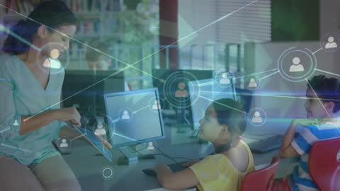 Teacher Guiding Students in Digital Connectivity Classroom