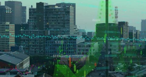 Digital finance interface over urban cityscape