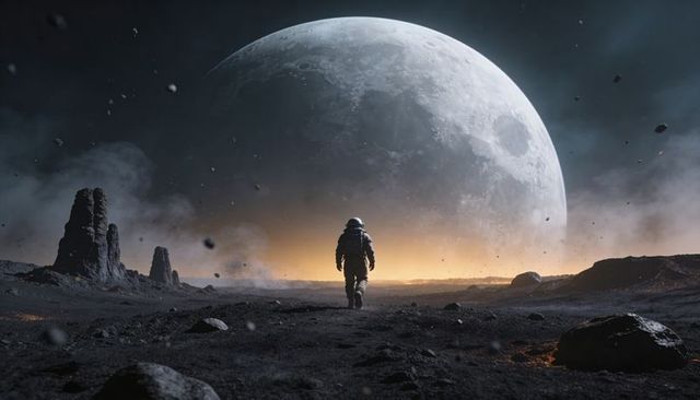 Lone astronaut walking across lunar plain toward glowing horizon beneath oversized moon