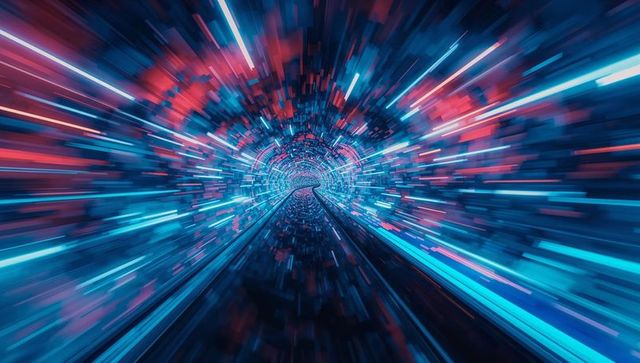 Racing Neon Cyberpunk Tunnel Accelerating Digital Data Stream Toward Vanishing Point