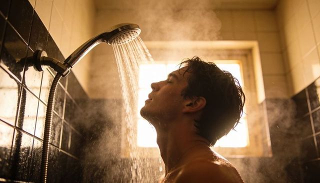 Man enjoying warm shower under handheld showerhead, steam backlit by golden morning window
