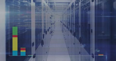 Running central aisle through data center with translucent analytics overlay and bar chart