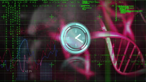 Futuristic Animation of DNA Helix and Ticking Clock