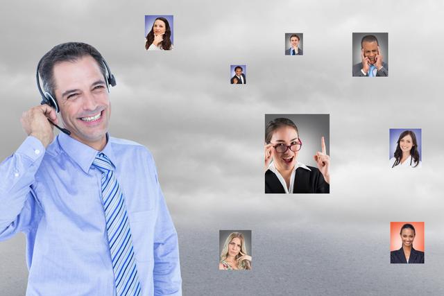 This image of a smiling businessman in a headset reviewing diverse candidates' photographs in a cloudy digital interface can be used for illustrating concepts in recruitment, online interviews, remote hiring, business communication, and cloud-based solutions. It is ideal for articles, blogs, and marketing materials targeting human resources, talent acquisition, and remote work technologies.