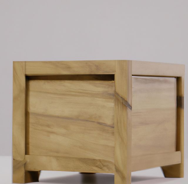 Image of close up of wooden box table on grey background. Furniture, wood and interior design concept.