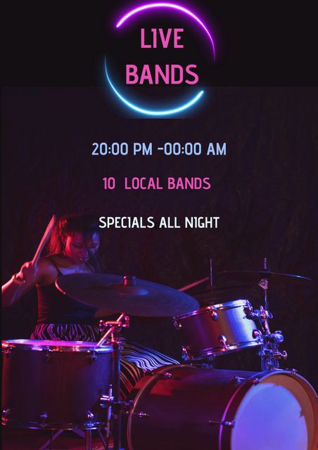 Live Band Night Promo with Female Drummer and Neon Lights - Download Free Stock Templates Pikwizard.com