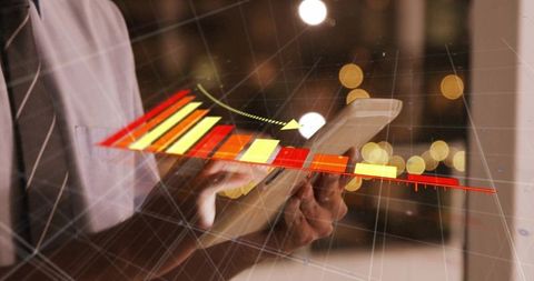 Business Professional Holding Tablet Interacting with Holographic 3D Analytics Dashboard