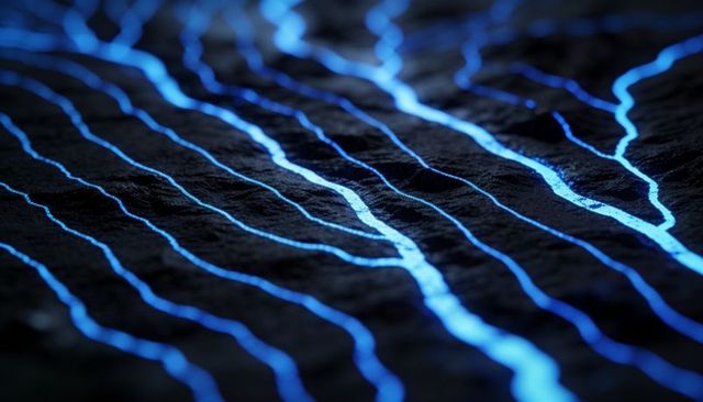 Glowing blue fissures revealing luminescent veins in dark granular macro texture