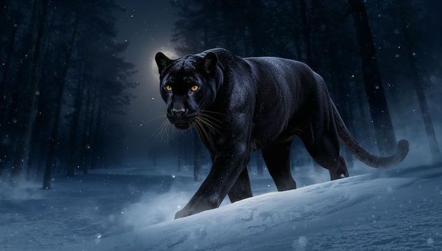 Stalking black panther prowling moonlit snowy forest at night with glowing amber eyes