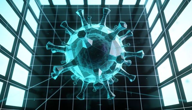 Floating cyan faceted virus orb in futuristic lab chamber with glowing grid panels