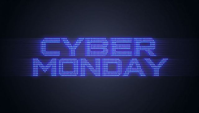 Glowing cyber monday neon dot-matrix text pulsing with blue glitch scanline effects