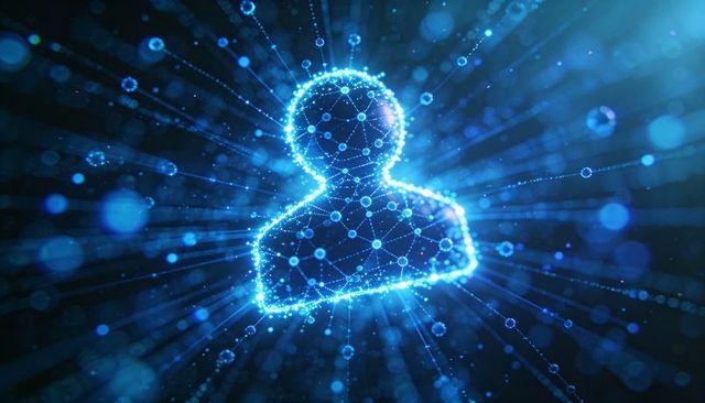 Glowing digital avatar silhouette composed of luminous nodes visualizing ai identity