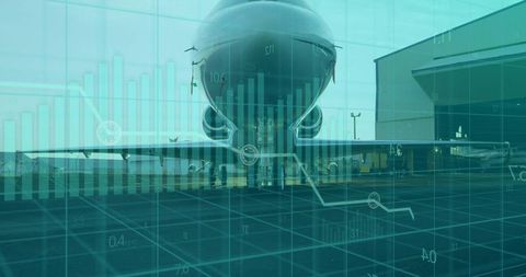 Airliner on ramp with digital technology overlay