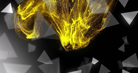 Glowing yellow particle cloud drifting through dark void with translucent triangles