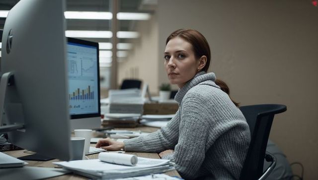 Focused professional woman analyzing data and sorting reports at open-plan office desk