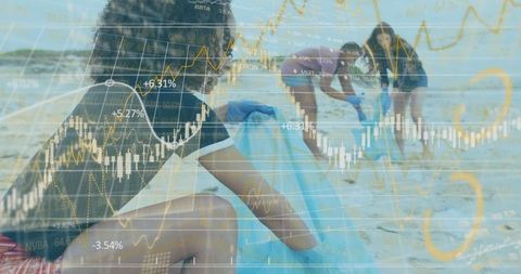 Team collecting litter with stock market overlay on beach