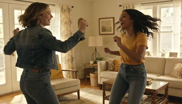 Friends dancing and laughing in sunlit living room wearing denim jacket and mustard tee