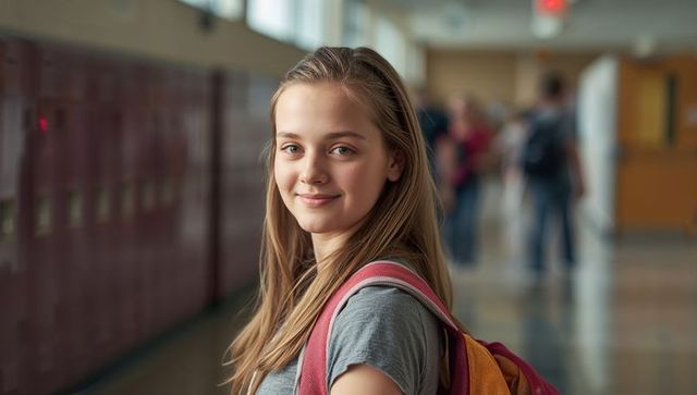 Smiling teen student wearing grey tee and pink-orange backpack in school corridor