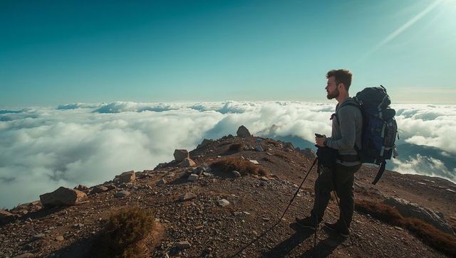 Backpacker standing on rocky summit above sea of clouds holding phone and trekking poles