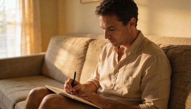 Man wearing linen shirt journaling on sofa during golden hour, cozy home writing scene
