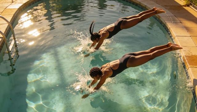 Synchronized female divers executing forward dives in outdoor pool during golden hour