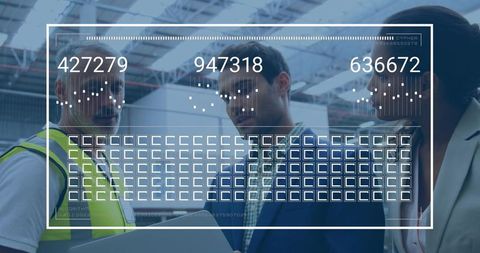 Reviewing Warehouse Operations with Digital HUD Dashboard, Team Collaborating Over Tablet