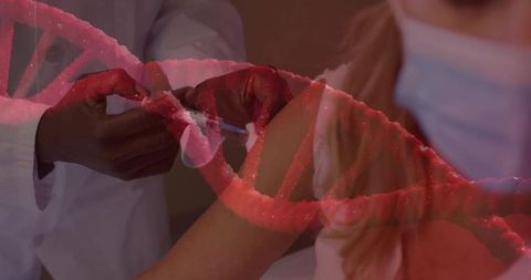 Doctor administering vaccine shot overlaid with dna helix symbolizing medical advancement