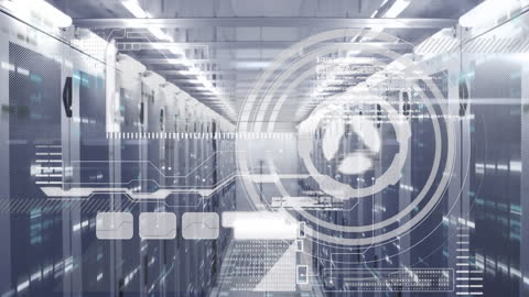 Futuristic Data Processing in Modern Server Room Graphic