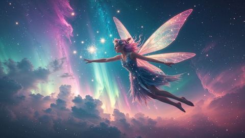 Enchanting Fairy with Iridescent Wings Amidst Northern Lights