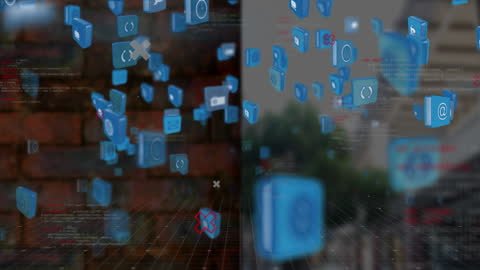 Digital Icons Floating Over Cityscape Representing Data Technology