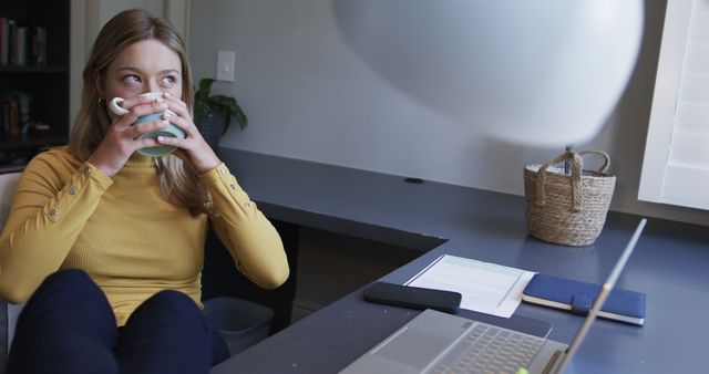 Woman Working from Home with Coffee Taking a Break - Download Free Stock Images Pikwizard.com