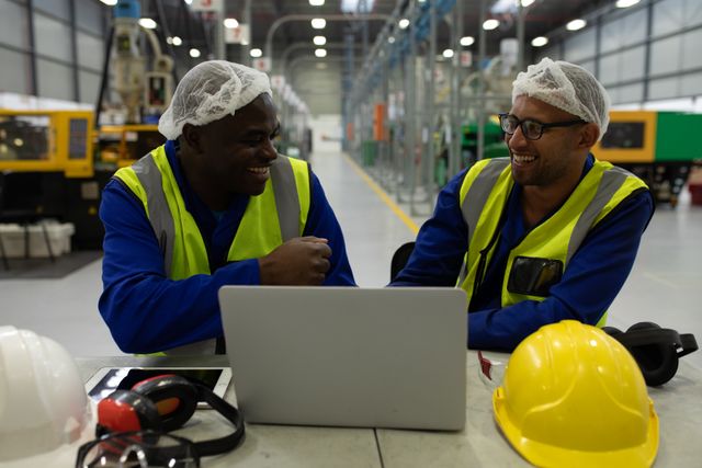 Front view of a focused biracial and African American male worker sitting together working in a busy factory warehouse, wearing hair nets, overalls and high visbility vests and using a laptop computer, smiling and discussing together, with their hard hats on the table