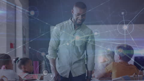 Teacher Engaging Diverse Classroom with Technology Concept Overlay