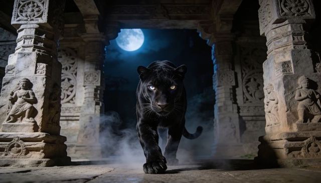 Black panther prowling ancient temple corridor under full moon, mist curling around paws
