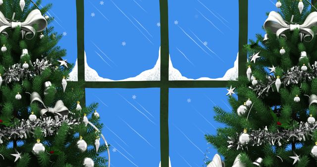 Christmas Scene with Snowy Window View and Ornamented Trees - Download Free Stock Images Pikwizard.com