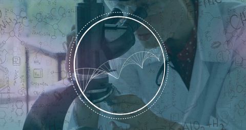 Scientist Examining Microscope with DNA and Chemistry Overlay - Download Free Stock Images Pikwizard.com