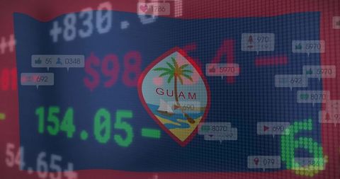 Guam flag overlaying digital stock market with financial tickers and social signals